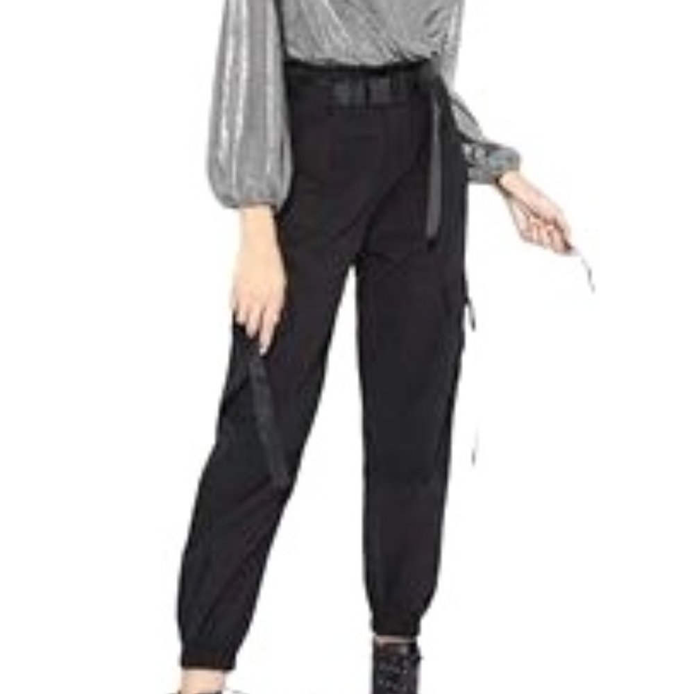 Shinestar Women’s Black Release Buckle High Rise Utility Cargo Joggers -Small